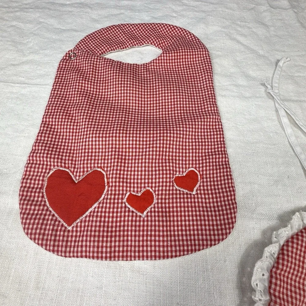 Vintage Handmade Red Gingham Baby Bib Lot Hearts Eyelet Lace Snap Tie Primitive